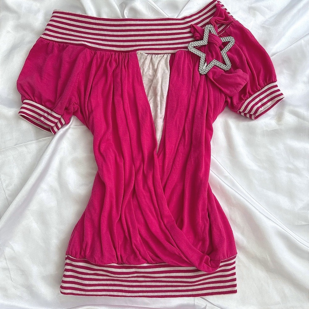 Y2K Hot Pink Off Shoulder Surplice Top Rhinestone Star Brooch Striped Trim Short